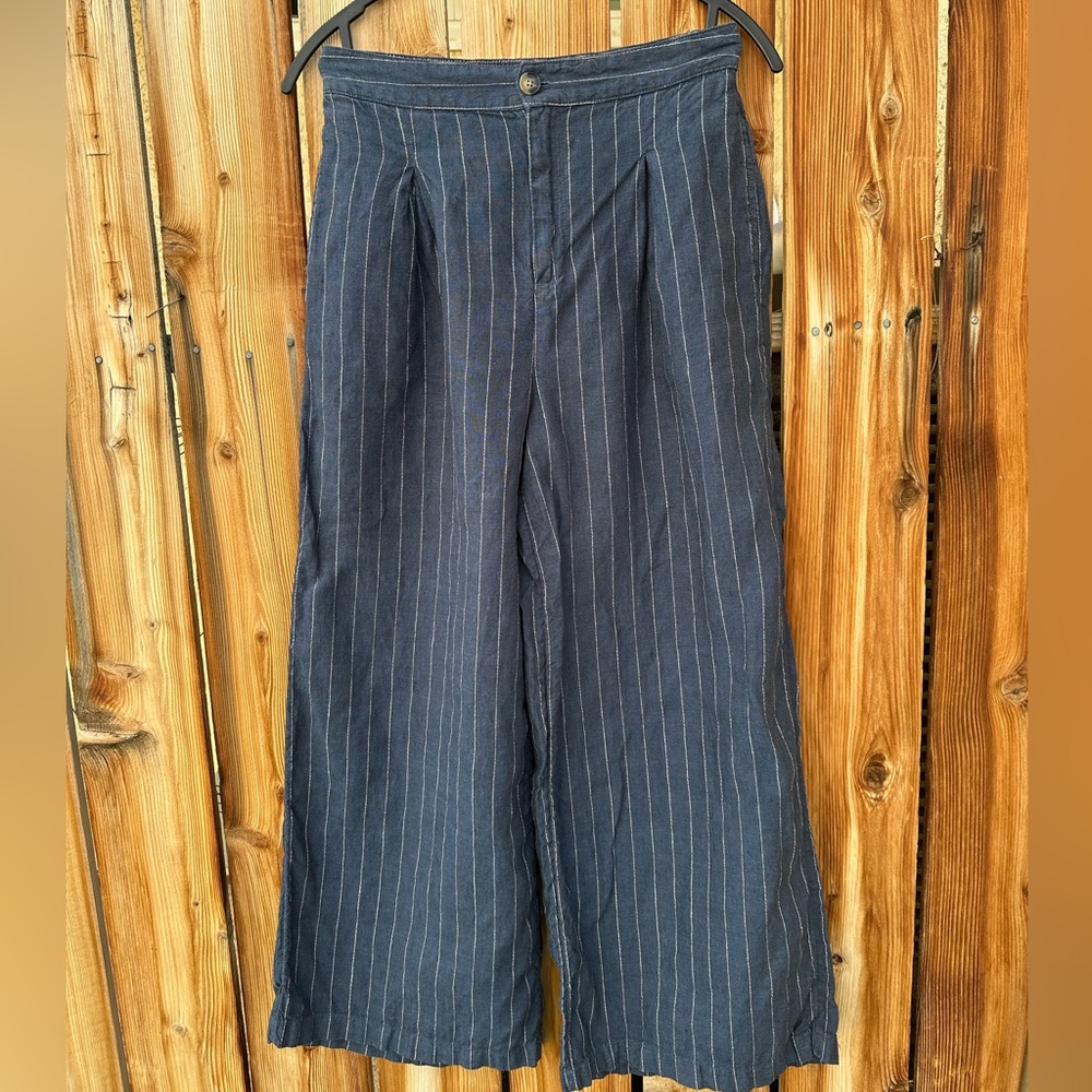 H by Halston 100% linen high waisted pinstriped wide leg pants women size 6 - Picture 2 of 8